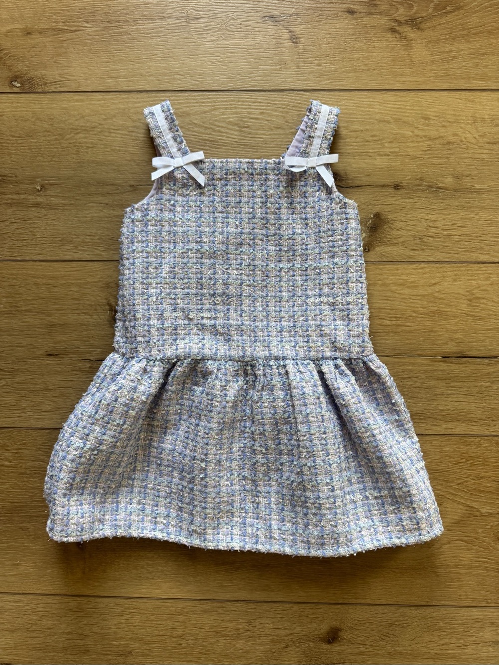 Janie and Jack Pastel Tweed Pinafore Dress with White Bows